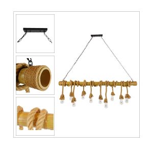 GloboStar® LAAHANA 10001114 Vintage Κρεμαστό Φωτιστικό Οροφής Πολύφωτο Καφέ Ξύλινο Bamboo με Μπεζ Σχοινί Μ150 x Π14 x Υ75cm